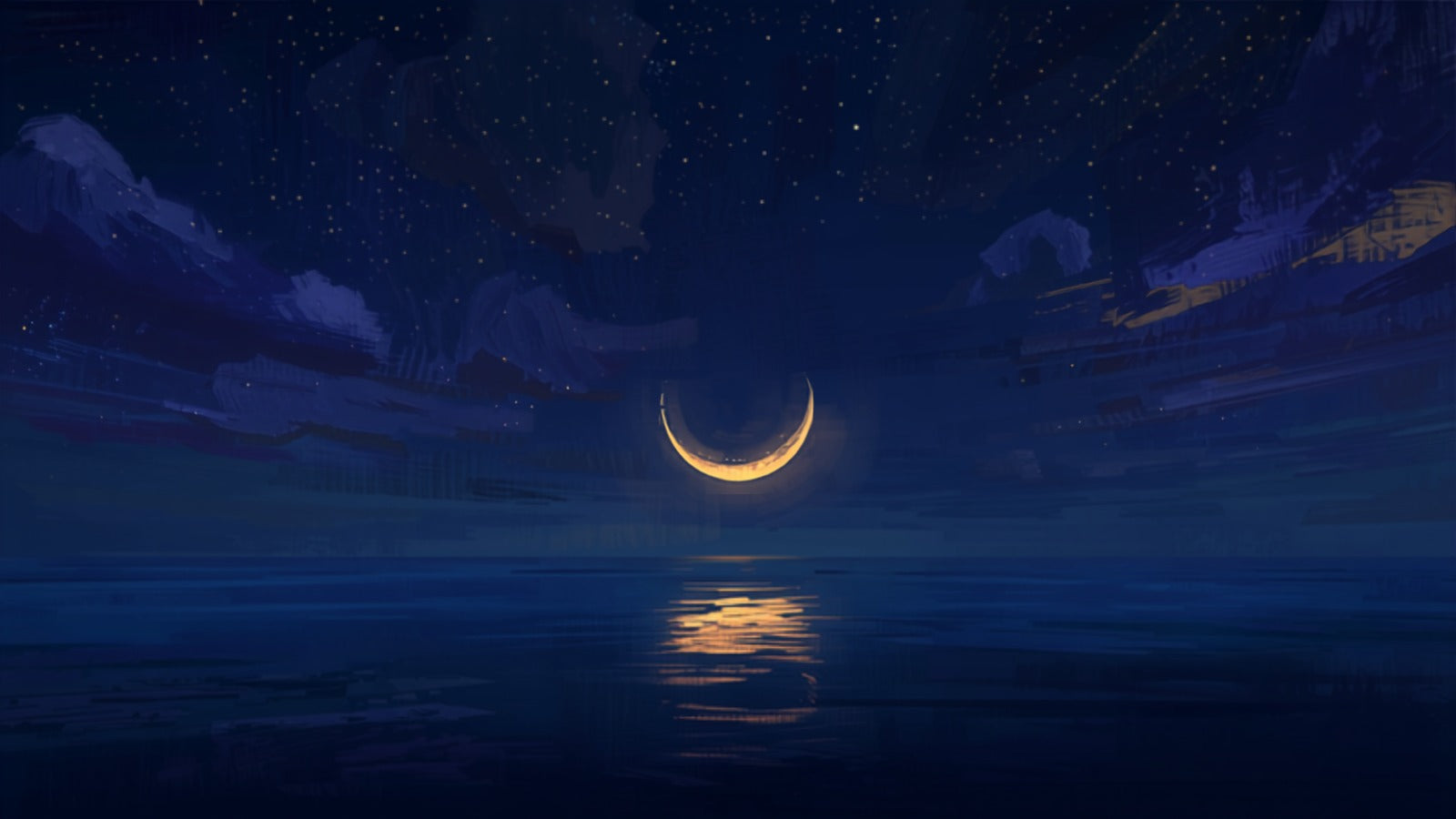 A luminous golden crescent moon low over dark still water, its reflection breaking softly on the surface