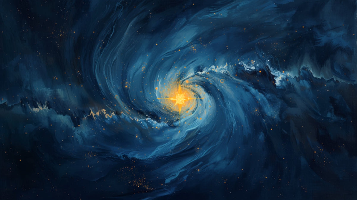 A luminous golden four-pointed star burning at the centre of a deep navy nebula quartered by currents of light