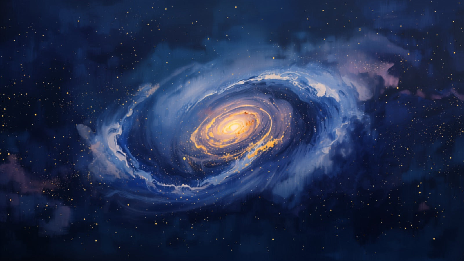 A luminous golden spiral of countless small light points turning at the center of a deep indigo nebula