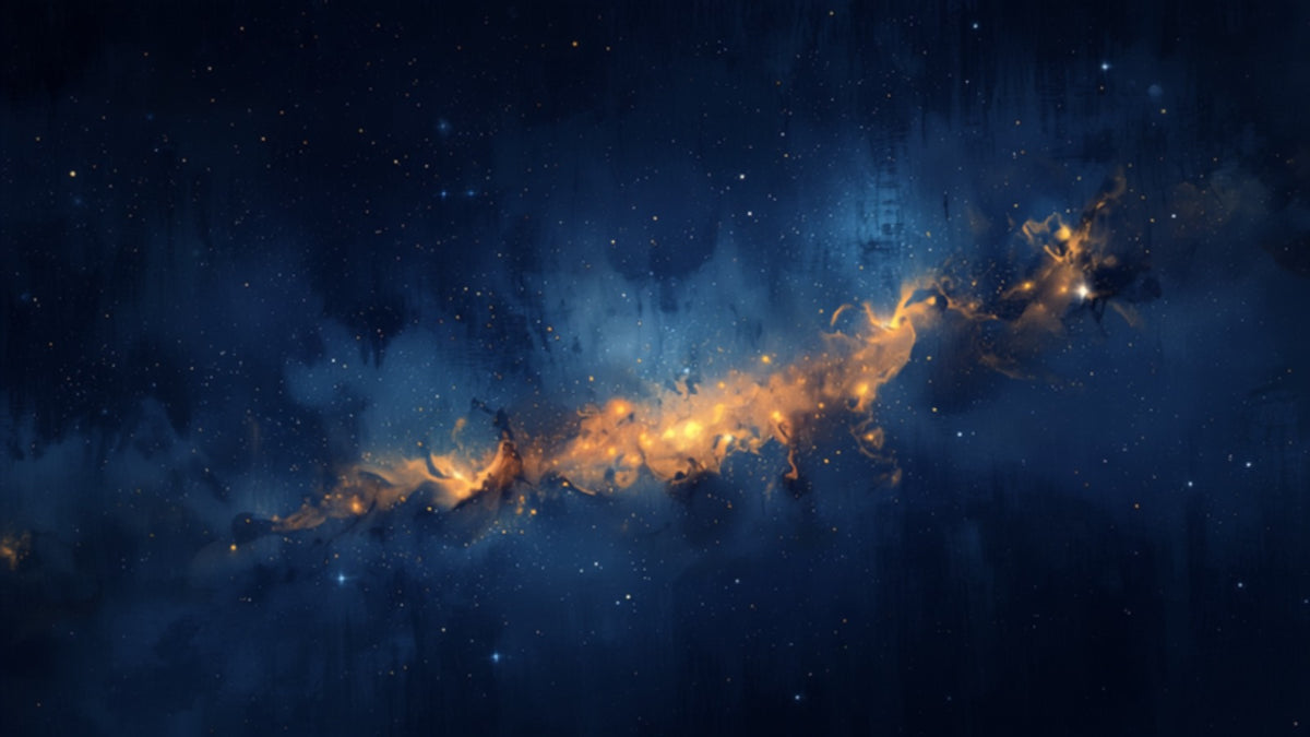 A wide luminous golden river of light curving through a deep navy nebula toward the horizon
