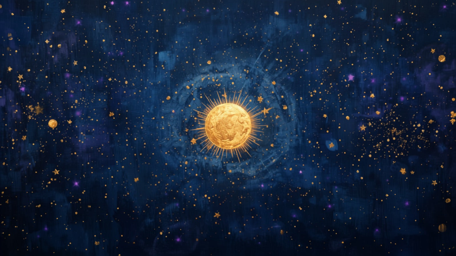 A luminous golden talisman disc of light hanging like a planet in a deep navy starfield