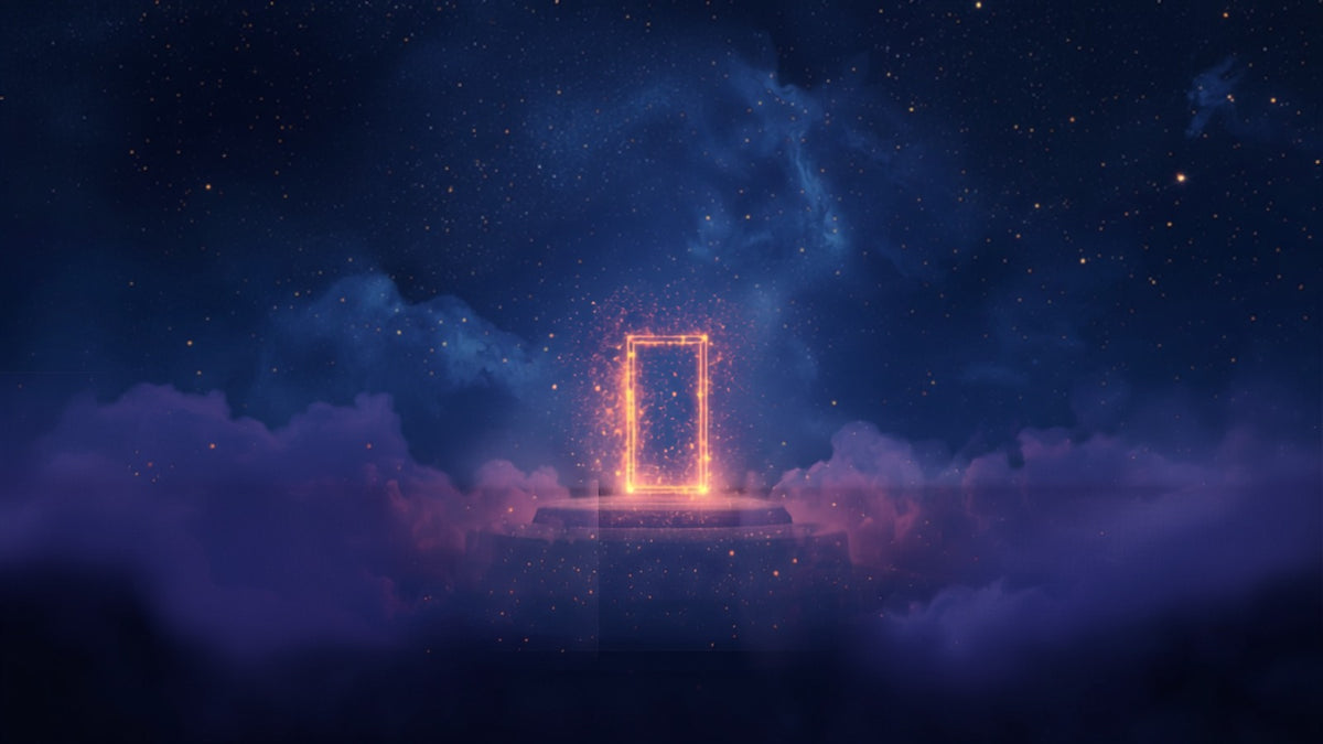 A tall luminous golden doorway of light standing open in a starfield above violet cloud