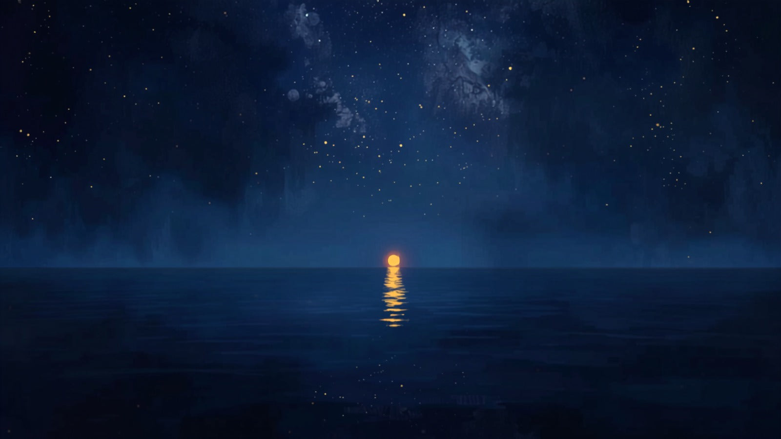 A luminous golden orb of light hovering above a dark still pool, its reflection held perfectly still beneath it