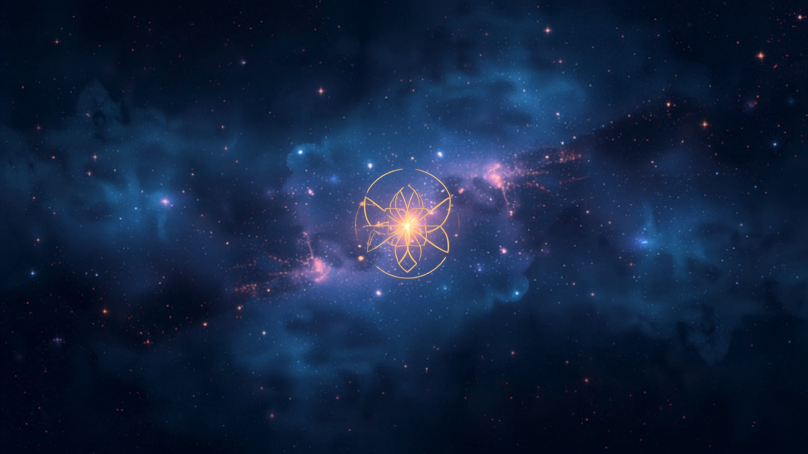 A luminous golden glyph of interlocking lines burning at the center of a deep indigo nebula