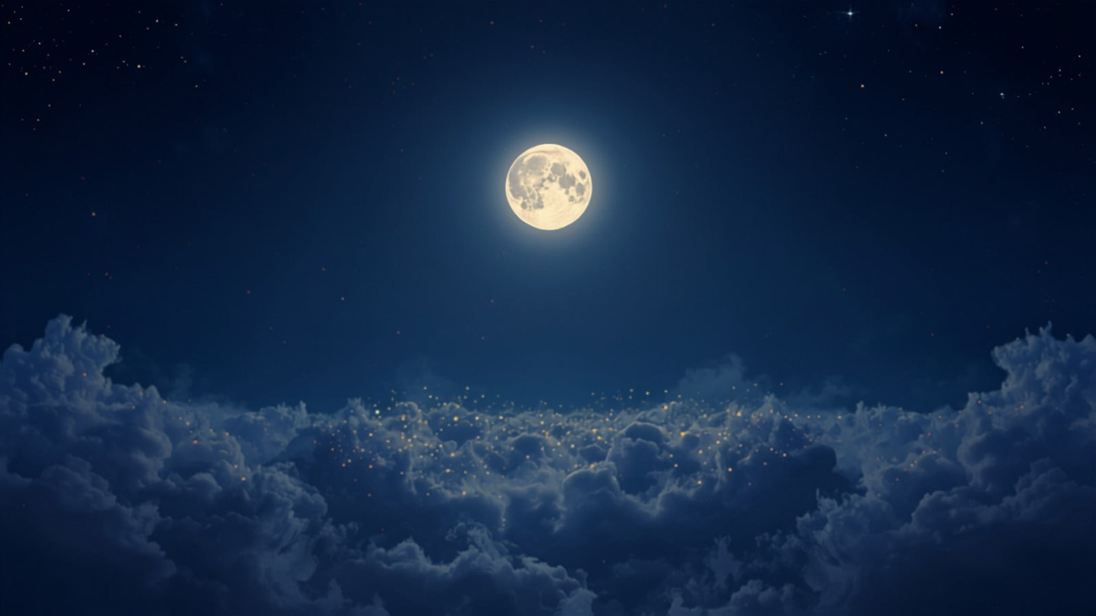 A luminous full moon over moonlit clouds in a deep night sky — the body's lunar tide.