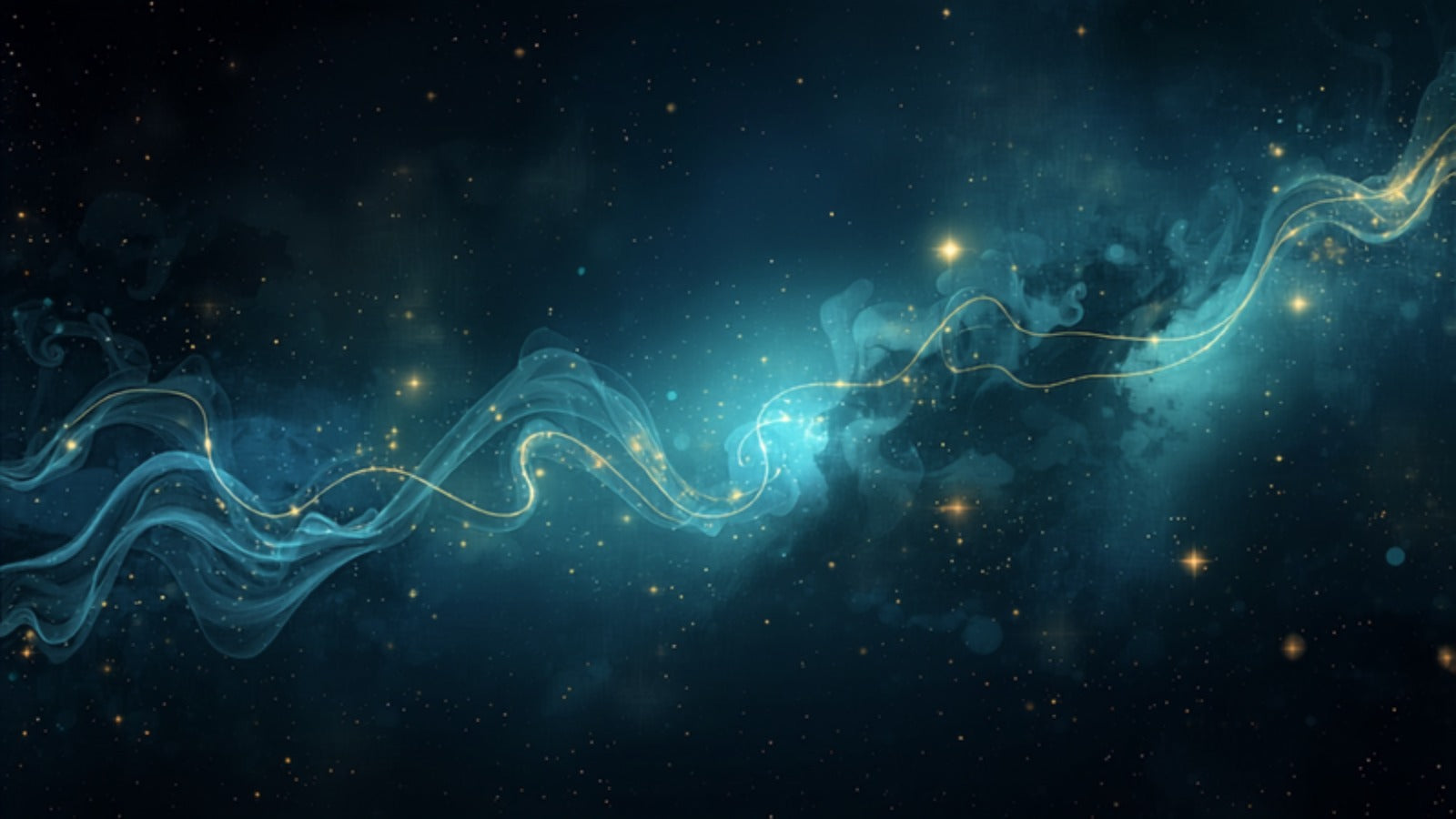 A flowing ribbon of gold and jade light moving through a deep cosmic field — life-force in motion.