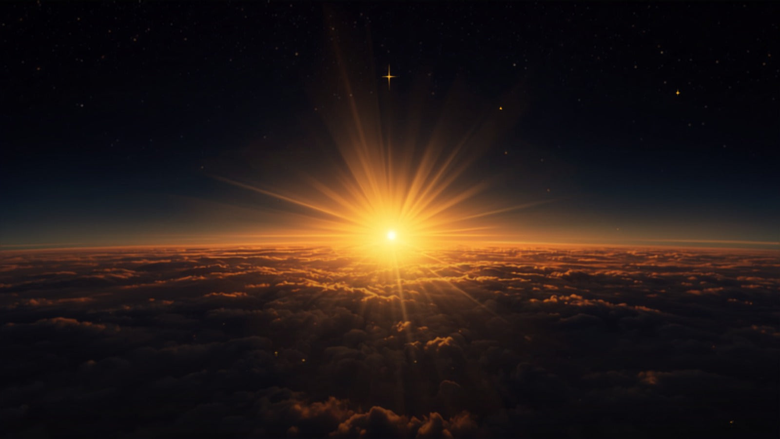 A radiant golden sun cresting over a sea of clouds beneath a starlit sky — the solar rite of Surya Namaskar.